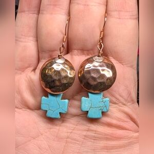 Hammered Copper and Turquoise Cross Earrings